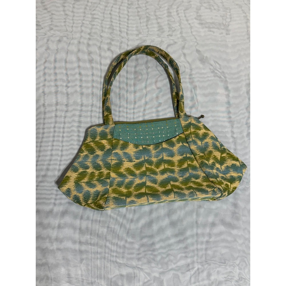 Maruca Handmade Boulder CO Jacquard Fabric Handbag Green Blue Leaf Print Zip Top